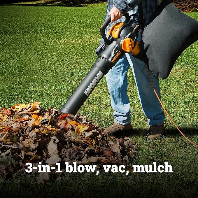 WORX Trivac 3 in 1 Electric Leaf Blower for Lawn Care Leaf Vacuum with 600 CFM Leaf Mulcher with Metal Impeller WG512