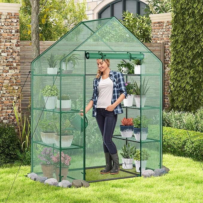 Happygrill Walk-in Greenhouse Potable Greenhouse with Roll-up &amp Zippered Door PE Cover 4 Tier 8 Mesh Shelves for Plants Herb and Flower Greenhouses for Outdoors Patio Lawn Yard 56 x 28x