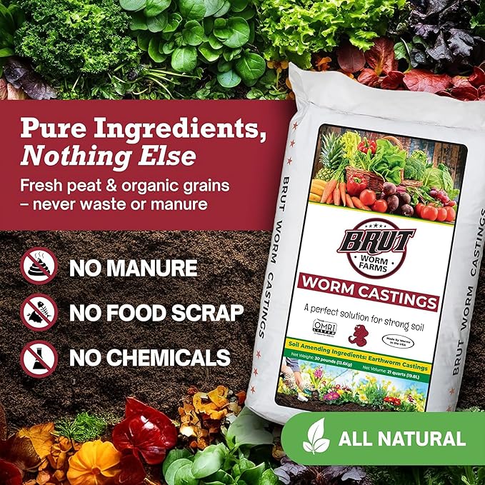 Brut Organic Worm Castings for Plants 30 LB – Natural Nutrients Fertility Builder Plant Food for Potting Soil and Garden Soil – Indoor and Outdoor Use - 10 Pack