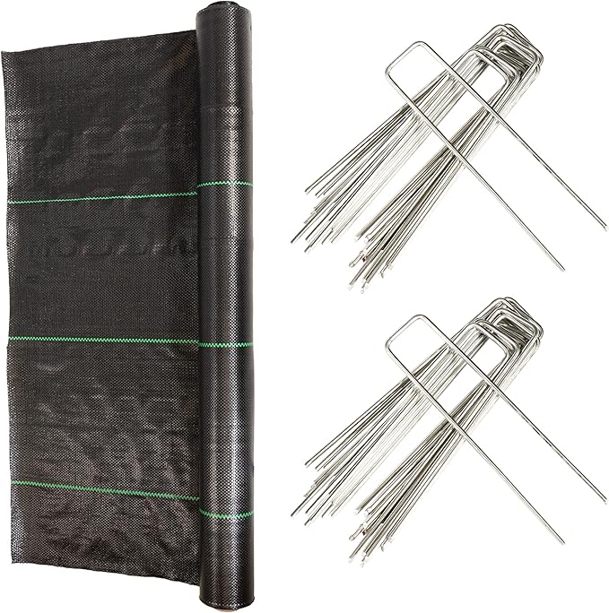 Landscape Fabric Weed Barrier (3 Ft x 100 Ft) &amp 6 Steel Landscape Staples (2 Packs of 100) for Yard or Garden