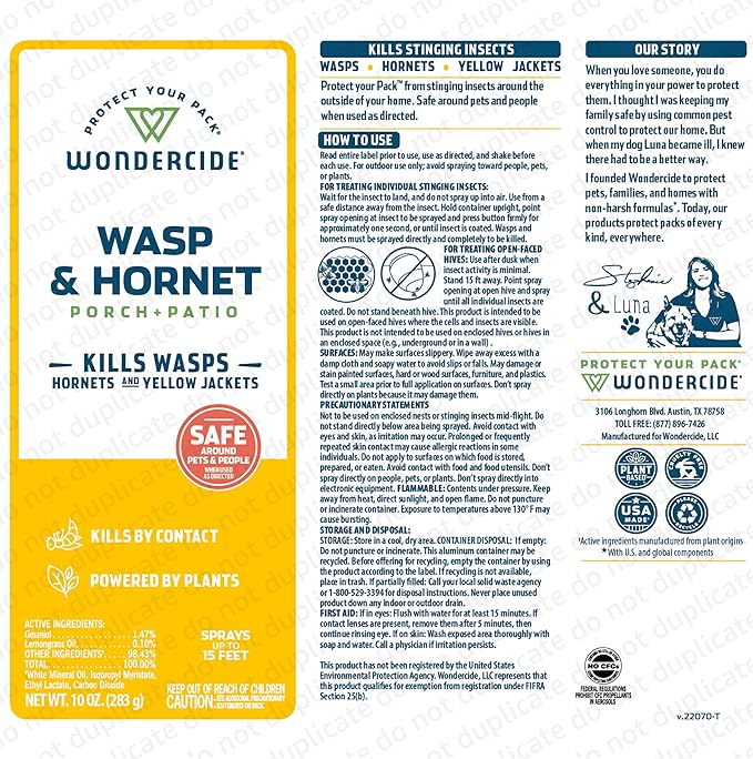 Wondercide - Wasp and Hornet Killer Aerosol Spray with Natural Essential Oils - Kill Wasps Hornetsand Yellow Jackets - for Porch Patio and Outdoor Areas - Pet and Family Safe - 10 oz - 2 Pack