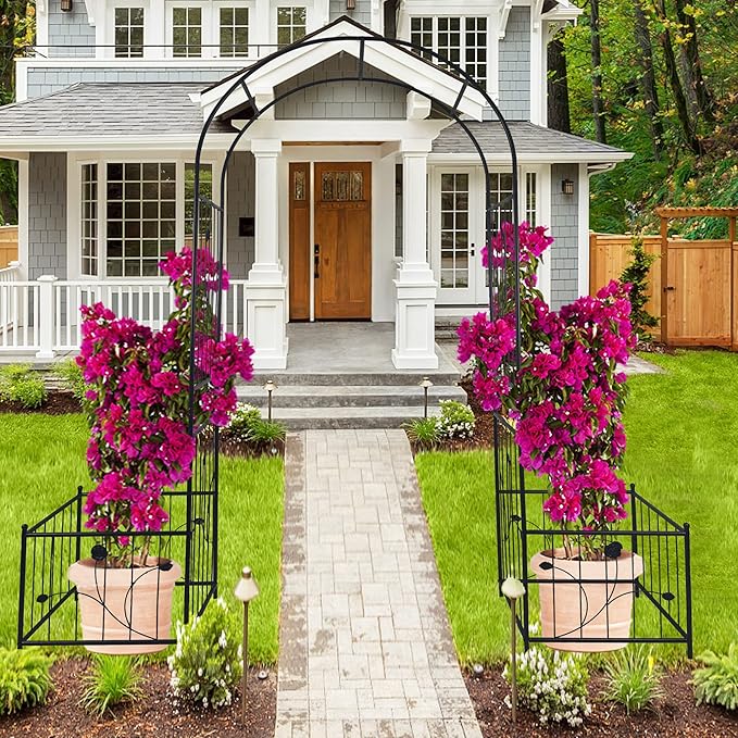Outdoor Metal Garden Arch 79.5''W x 86.6''H Garden Arch Trellis for Climbing Plants with Two Side Planter Stand for Rose Morning Glory Jasmine