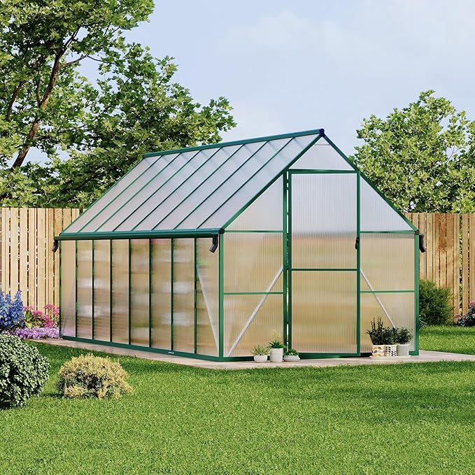 8X16 ft Polycarbonate Greenhouse with Aluminum Frame Polycarbonate Greenhouse for Outdoors Greenhouses with Ventilation and Rain Gutter Aluminum Large Walk-in Greenhouses for Outside