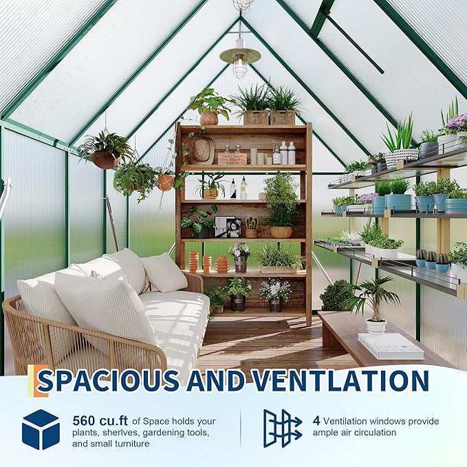 6x7 ft Heavy Duty Polycarbonate Walk-in Greenhouse with Reinforced Aluminum Frame Adjustable Roof Vent and UV Protection Panels for Outdoor Backyard Gardening and Year-Round Plant Care