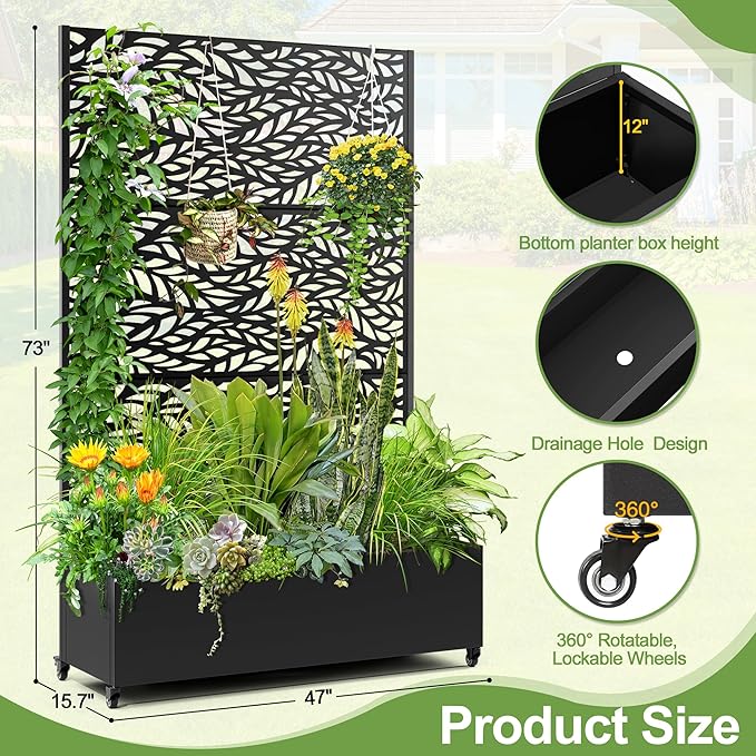 Raised Garden Bed with Trellis and Wheels73x47x16 Metal Raised Garden BedBlack Flowing Leaf Metal Planter with Climbing Trellis for Vines &amp Vegetables