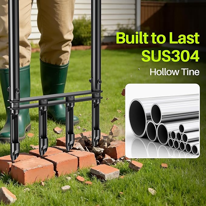 Knee-Friendly Manual Lawn Aerator Tool –Adjustable SUS304 Stainless Steel Core Aerator for Grass Yard Aeration Tool with 4 Hollow Tines for Lawn Care and Compacted Soil43.3-48.5Black