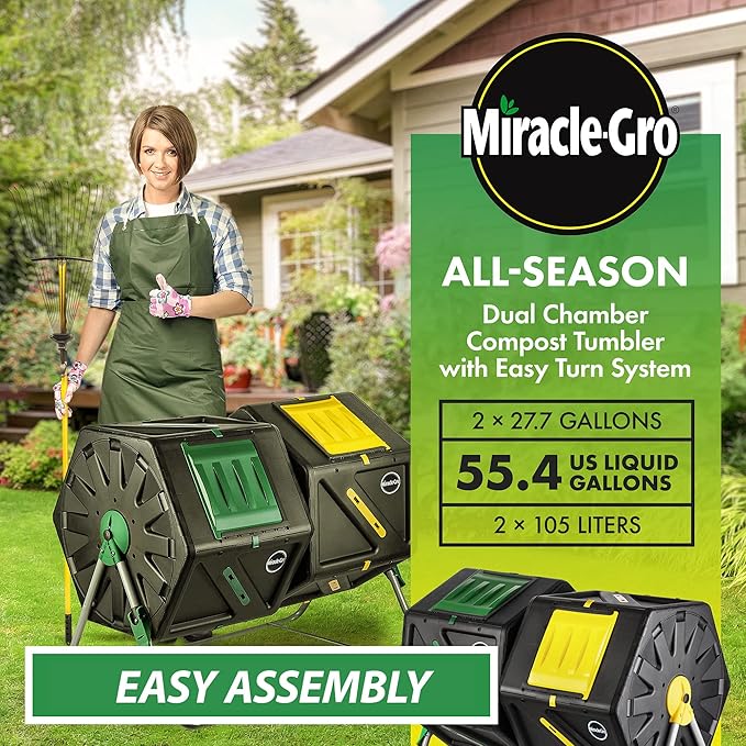 Miracle-Gro Large Dual Chamber Compost Tumbler 55.4 Gallons – Easy-Turn Fast-Working System – All-Season Heavy-Duty High Volume Composter with 2 Sliding Doors (2 x 27.7 gallons)