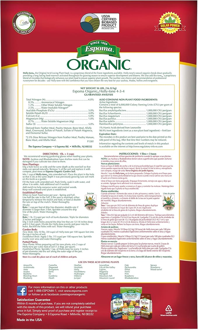 Espoma Organic Holly-Tone 4-3-4 Natural &amp Organic Evergreen &amp Azalea Plant Food 36 lb. Bag The Original &amp Best Fertilizer for All Acid Loving Plants Including Rhododendrons &amp Hydrang