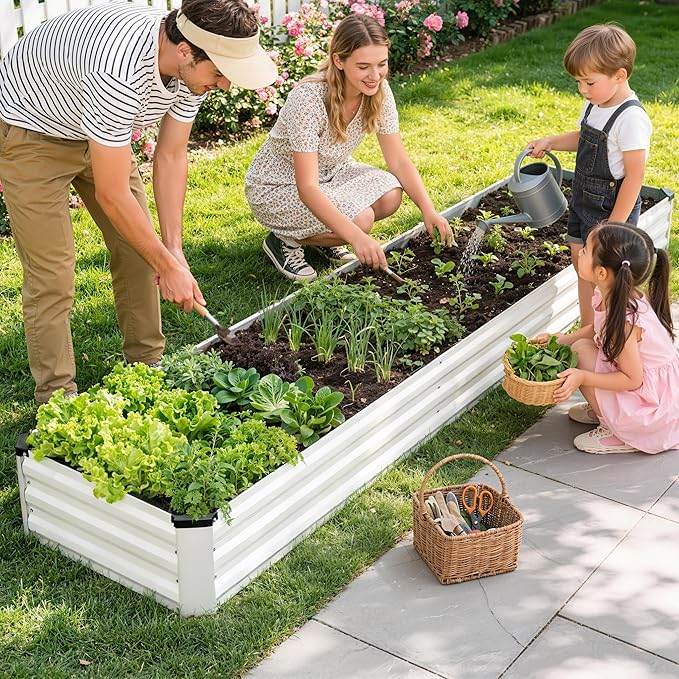 Galvanized Raised Garden Bed Outdoor | Metal Raised Garden Bed for Gardening 2Pack | Large Planter Box for Vegetables Flowers Fruits | Easy Assembly &amp Safety Design Flower Beds 12x2x1ft White