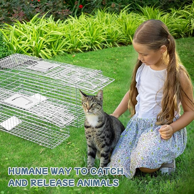 Animal Trap 32x10x12 Cage Trap Heavy Duty Folding Raccoon Traps Humane Cat Trap for Stray CatsRabbitsSquirrelsOutdoor Small Animal TrapHumane Catch &amp Release