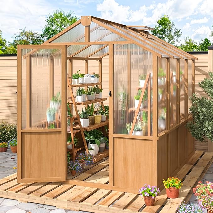 6x8 FT Greenhouse 6MM Thick Polycarbonate Panel Wooden Walk-in Green House with Adjustable Roof Vents and Lockable DoorGarden Backyard Patio Lawn Brown
