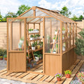6x8 FT Greenhouse 6MM Thick Polycarbonate Panel Wooden Walk-in Green House with Adjustable Roof Vents and Lockable DoorGarden Backyard Patio Lawn Brown