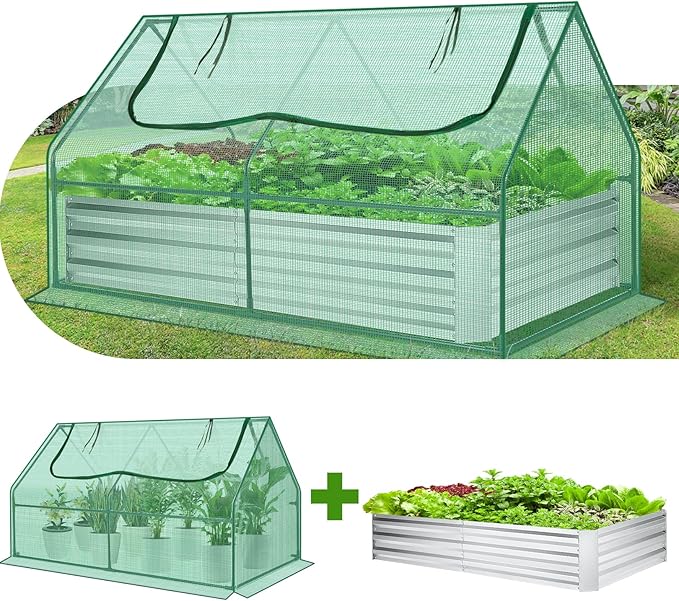 Suyncll 6x3x1FT Galvanized Raised Garden Bed with Cover Metal Planter Box Kit w/ 2 Roll-Up Large Zipper Windows Mini Greenhouse for Outdoor Growing Vegetables with 1 Pair of Gloves