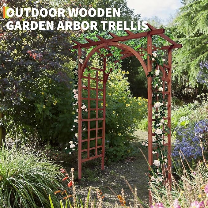 85 Wooden Garden Arbor Arch 7 ft Wood Garden Trellis with Arched and Flat Top Outdoor Walkway Arbor Stand for Plant Climbing Wedding Ceremony Decoration Pergola Patio Lawn Backyard Party