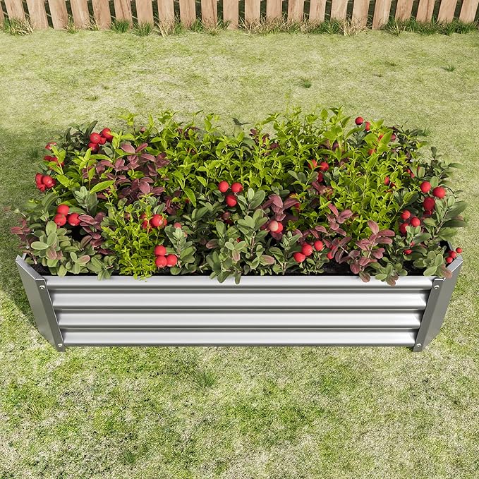 Metal Raised Garden Bed Rectangle Raised Planter 4×2×1ft for Flowers Plants Vegetables Herb Silver