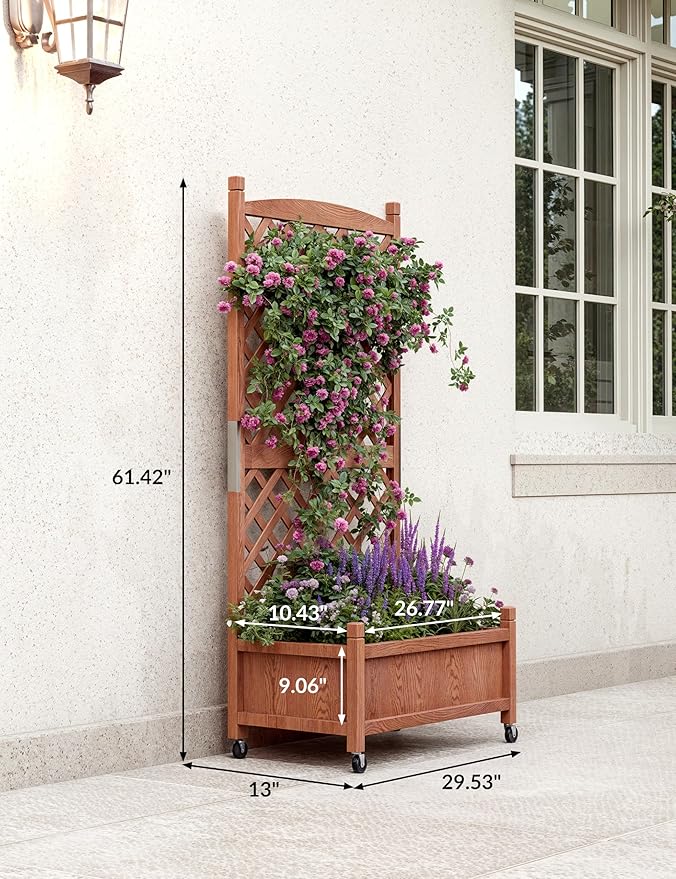 29.5x13x61.5 Inch Raised Garden Bed with Trellis &amp Wheels Standing Vertical Horticulture Planter Box for Climbing Plants Vegetables Planters with Drainage Holes 2 PC