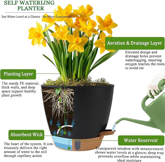 Self Watering Pots for Inoor Ourdoor Plants 10/9/8/7/6.5 Inch Plastic Planters with Drainage Holes &amp Water Level Indicator Decorative House Flower Nursery Planting Pots with Saucers (Black)
