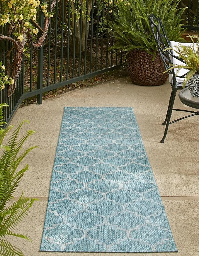 Unique Loom Trellis Collection Area Rug-Lattice Design Moroccan Inspired for Indoor/Outdoor Décor 2 ft x 8 ft Runner Aquamarine/Gray