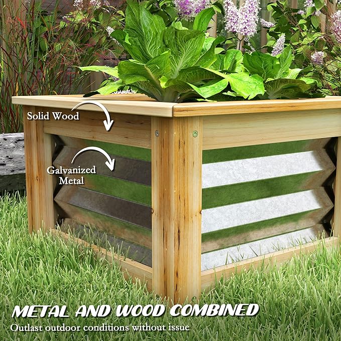 Outsunny Raised Garden Bed Set of 2 Stock Tanks for Growing Flowers Galvanized Metal Reinforced with Wood Planters for Outdoor Plants Herbs and Vegetables