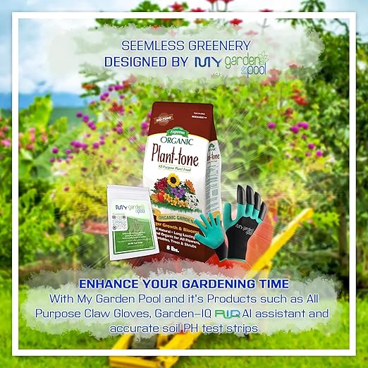 Espoma PT8 Organic Plant-Tone 5-3-3 8 lb. Bag All Purpose Plant Food with My Garden Pool PH Soil Test Strips 20 ct and Gardening Claw Gloves and Garden-IQ Smart Gardening AI Assistant!