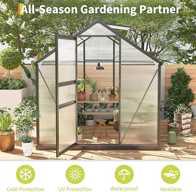 6×6FT Polycarbonate Greenhouse for Outdoors Large Walk in Green House Kit and Winter Garden Planting Enhanced Aluminum Green Houses for Outside to Protect Vegetables or Plants