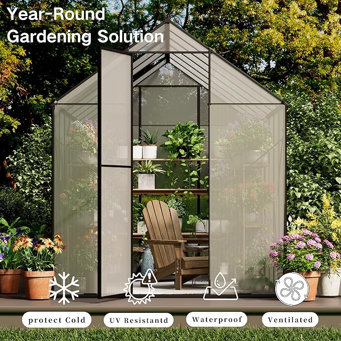 Kingdura 6x12ft Walk-in Greenhouse for Outdoors Large Polycarbonate Greenhouses with Heavy Duty Aluminum Frame Adjustable Roof Vent Lockable Door UV Protection for Outside Garden Backyard