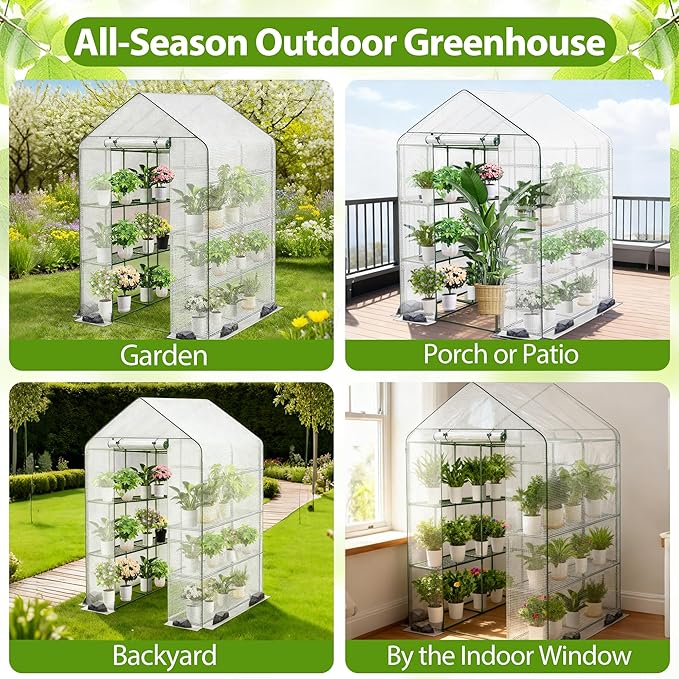 Walk-in Greenhouse 48 x 73 x 75 Inch Outdoor Plant Green House with 3 Tiers 12 Shelves Heavy Duty Steel Frame &amp Thicken PE Cover Portable Greenhouses for Balcony Patio Deck Gardening