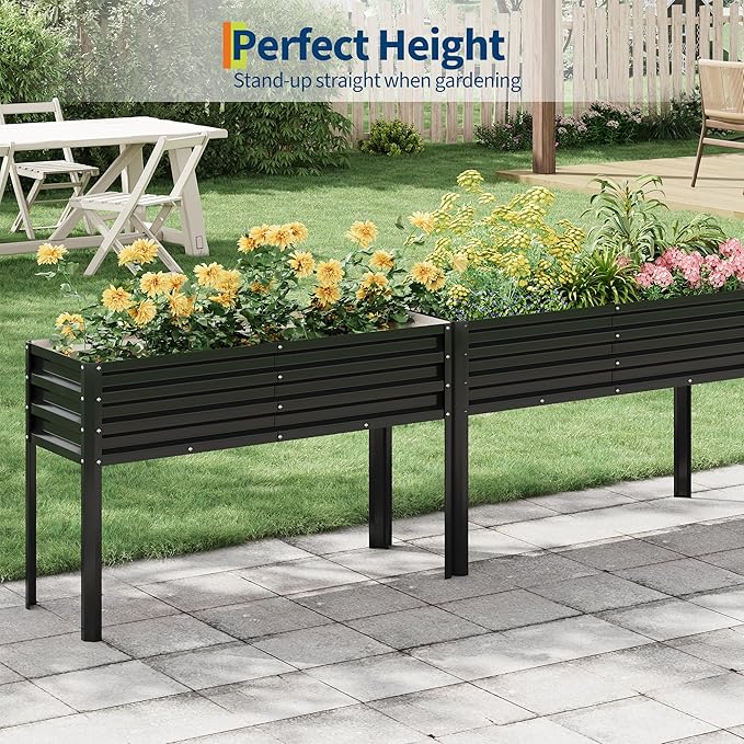Raised Garden Bed with -Watering Reservoir - Tall Elevated Square Planter Box for Vegetables/Herbs Heavy Duty Steel Panels &amp Drainage (Water Tank Included)Black