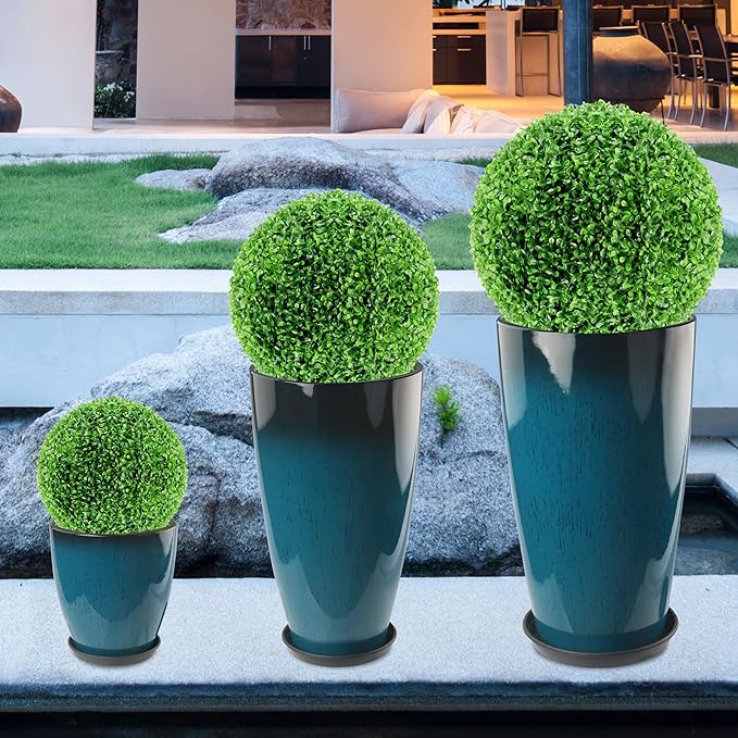 24-21-11 Inch Tall Planters Set of 3 Indoor Outdoor Blue Glossy Round Planter with Drainage Hole and Saucer Large Decorative Plant Pots for Home Garden Porch (Blue)