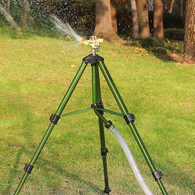 Triumpeek 2 Pack Impact Sprinkler on Tripod Base with Stakes 360 Degree Large Area Coverage Irrigator with Extension Legs Adjustable Brass Sprinkler Head Nozzle and 3/4 NH Inlet Hose Connection