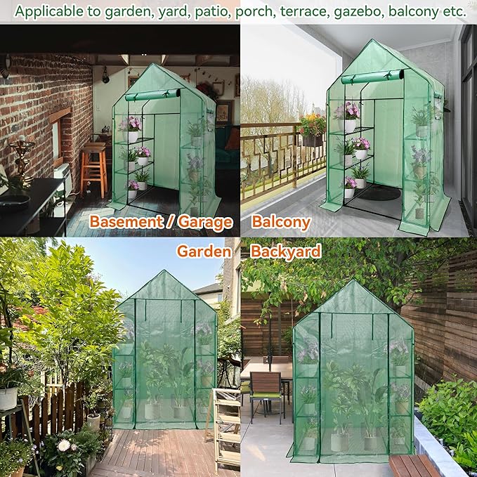 Heyfurni Walk in Greenhouse with ShelvesWalk-in Plant Green House with Durable Green PE Cover 3 Tiers 6 Shelves Stands with Ground Pegs &amp Ropes for Stability 56x28x76