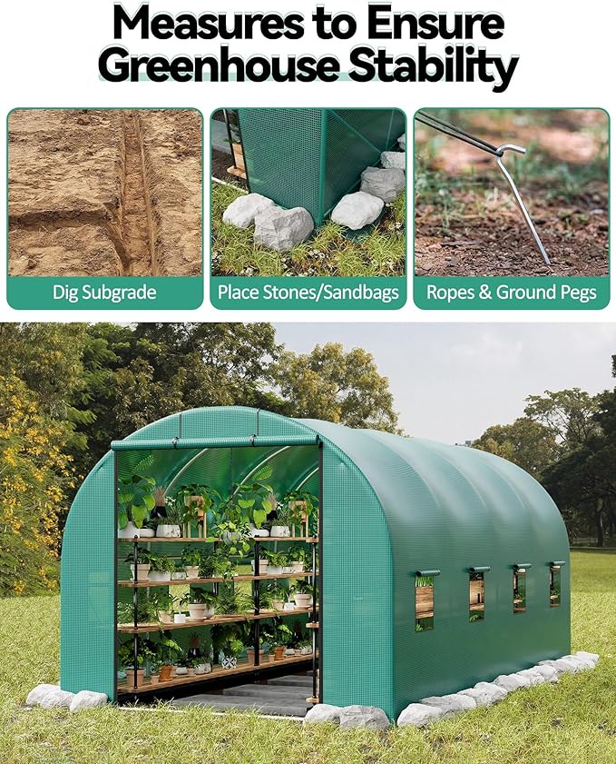 Walk-in Tunnel Greenhouse 6.5 x 15 x 6.5 FT Large Outdoor Greenhouse with Door &amp Vent Windows Heavy-Duty Frame and Green PE Cover for Backyard Gardening