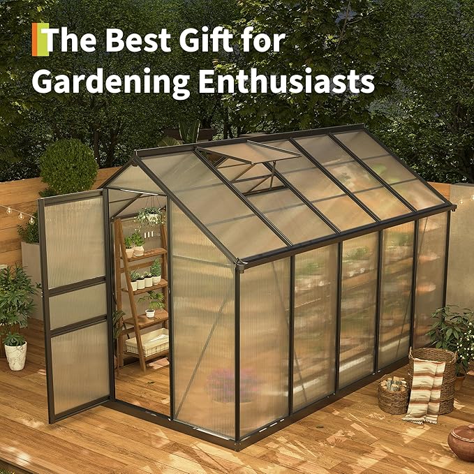 Large Greenhouse for Outdoors 6x10 FT Polycarbonate Green House with Roof Vent and Quick Setup Structure Aluminum Greenhouse Kit for Garden Backyard