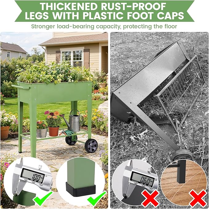 Tall Raised Garden Bed Outdoor with Wheels Metal Elevated Raised Planter Box with Drainage Holes for Vegetables Flower Herbs(Green)
