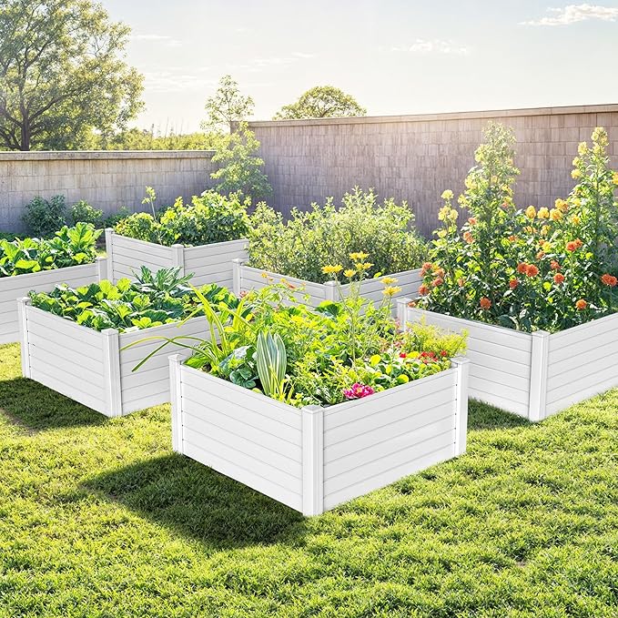 DWVO 4 x 4 x 2 FT Raised Garden Bed Outdoor Vinyl Flower Bed with Growth Grid Large Plastic Planter Box for Vegetables Flowers Herbs Fruits White