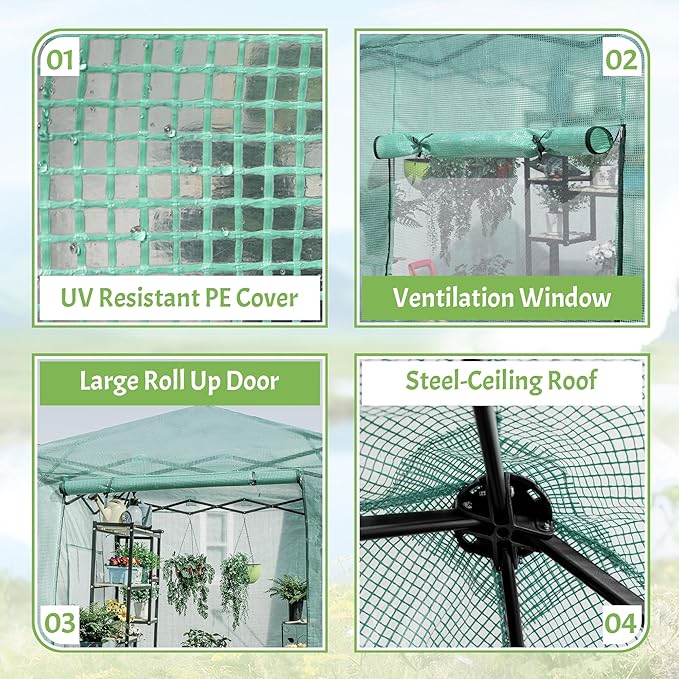 Greesum 6x4 FT Portable Small Greenhouse with PE Cover Zippered Door and 2 Roll-up Windows Easy Assemble(Green)