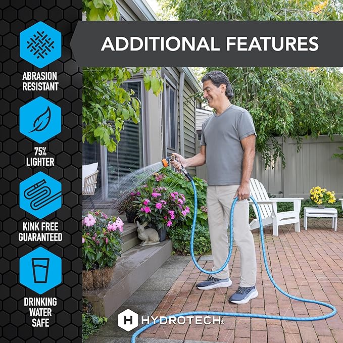 HydroTech 25 ft Expandable Garden Hose - Pro Series 2x Max Flow 3/4 No-Kink Flexibility Lightweight Hose for Lawn Garden Car Washing Deck and Patio Cleaning