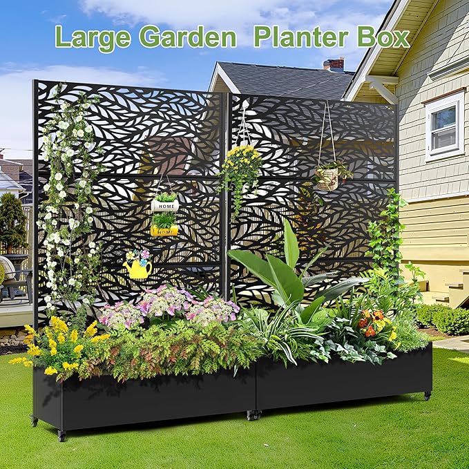 Raised Garden Bed with Trellis and Wheels73x47x16 Metal Raised Garden BedBlack Flowing Leaf Metal Planter with Climbing Trellis for Vines &amp Vegetables
