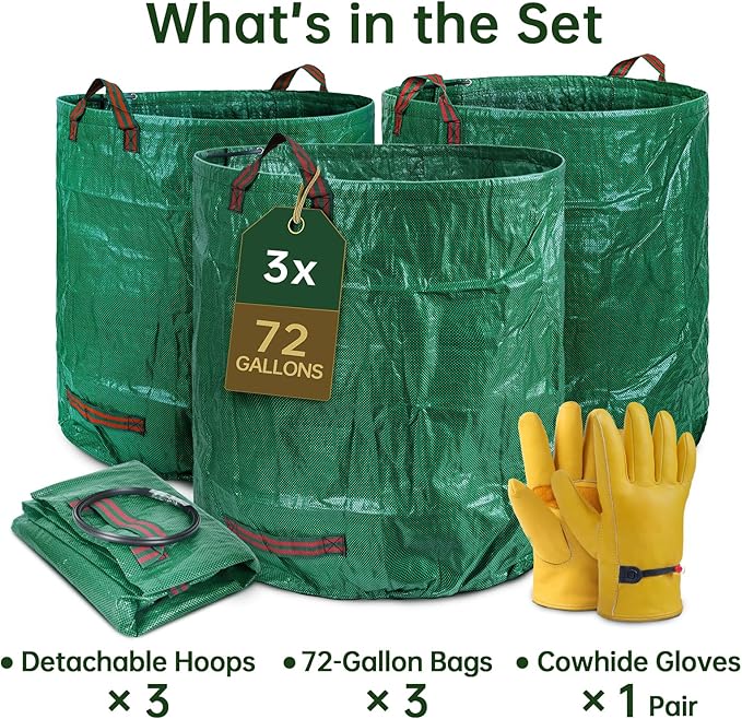 72 Gallon Reusable Yard Waste Bags (3 Pack) Heavy Duty Stand-Up Leaf &amp Lawn Bags 150 GSM Woven PP (PE Coated) Double-Layer Bottom Top &amp Bottom Reinforced Handles Cowhide Gloves Included