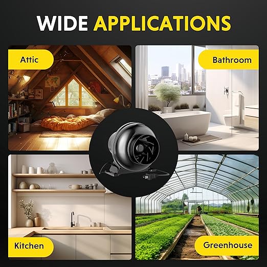 iPower 4 Inch Inline Duct Fan 195 CFM Ventilation Fan Exhaust HVAC Vent Blower for Hydroponics Grow Tents Black