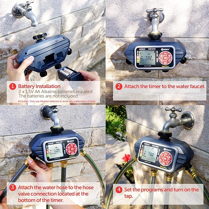 Eden 93413 Programmable Digital Water Timer 4-Zone Compatible with Wireless Soil Moisture Sensor