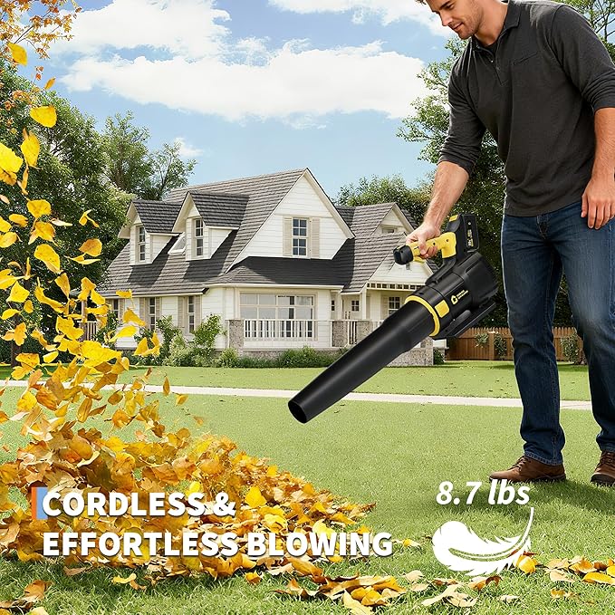 Electric Leaf Blower - 650CFM &amp 200MPH Leaf Blower Cordless with 20V 4.0Ah Battery and Charger Variable Speed Powered Leaf Blowers for Lawn Care Blowing Leaves Dust Snow - Yellow