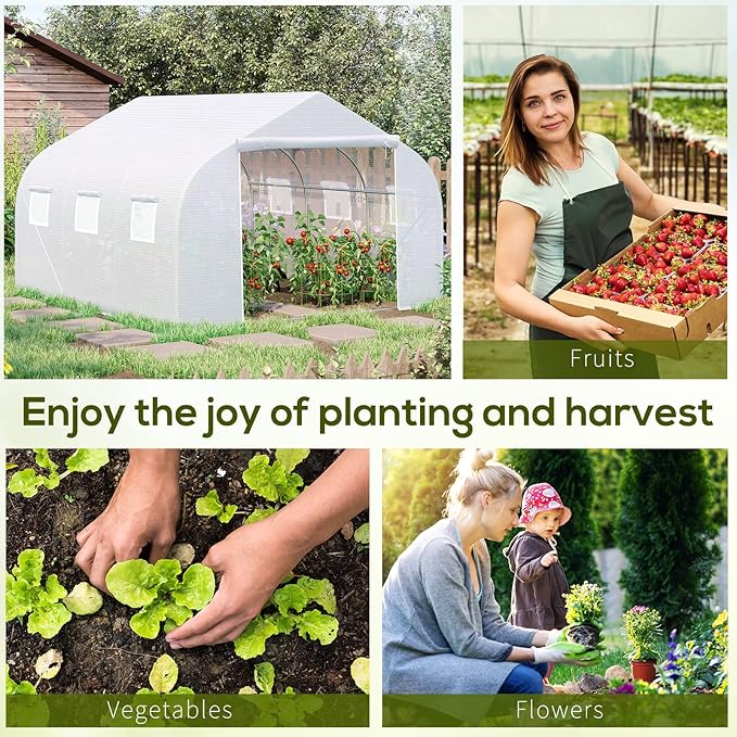 Outsunny 11.5' x 10' x 6.5' Outdoor Walk-in Greenhouse Tunnel Green House with Roll-up Windows Zippered Door PE Cover Heavy Duty Steel Frame White