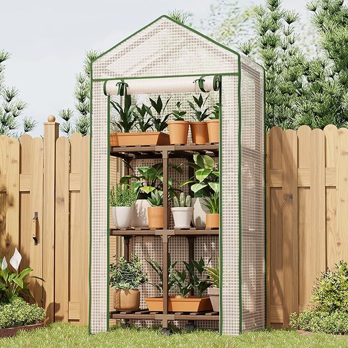 Bamworld 23 x 17 x 54-Inch Mini Greenhouses with Wheels Portable Green House with PE Cover Sturdy Eucalyptus Wood Frame Small Greenhouse for Winter Plant Frost Protection with Sturdy Eucalyptus Frame