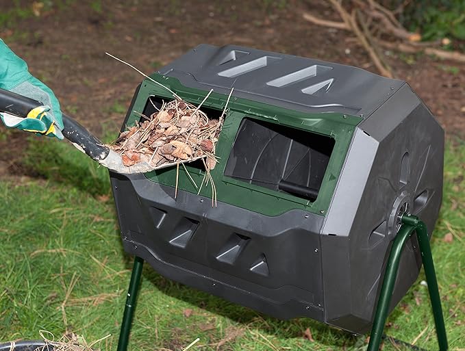 Exaco Trading Company Exaco Mr.Spin Compost Tumbler - 160 Liters / 43 Gallon Dual Chamber Composter On Two-Leg StandGreen/Black