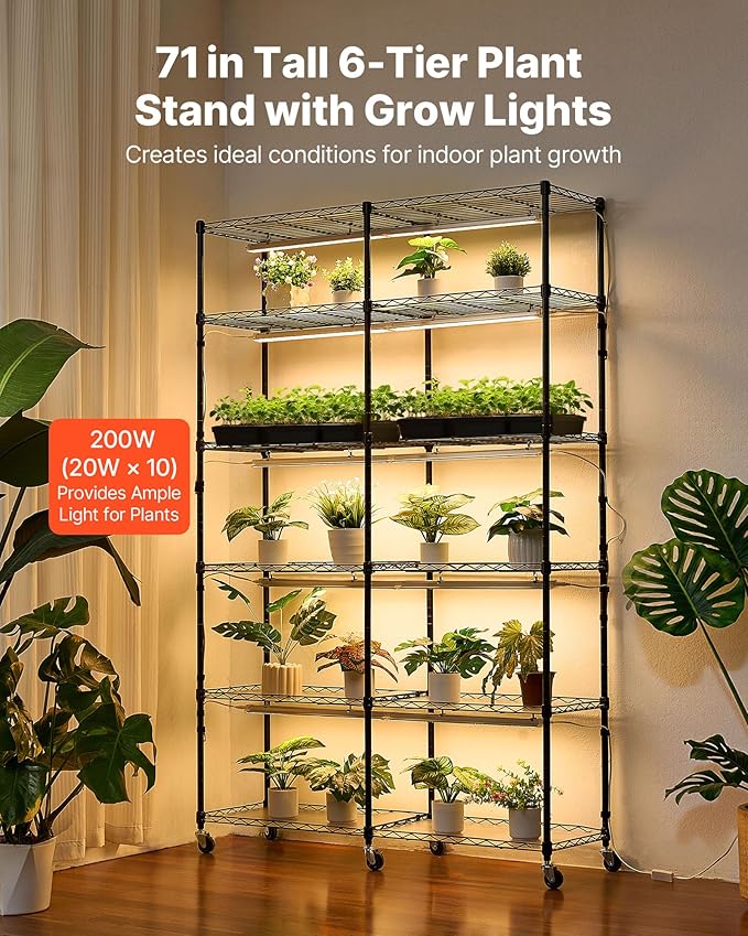 VEVOR Plant Shelf with Grow Light 6-Tier Double-Row Plant Stand 71in Tall Indoor Plants Display Rack with Wheels &amp Timer 200W Full Spectrum Grow Lights Metal Flower Pot Holder for Seed Startin
