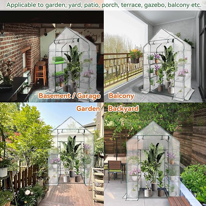 Heyfurni Walk in Greenhouse with 3 Tier 6 Shelves2 More Bottom Shelves Reinforced Plant House Growhouse/Green House for OutdoorPE Cover 143x73x195cm