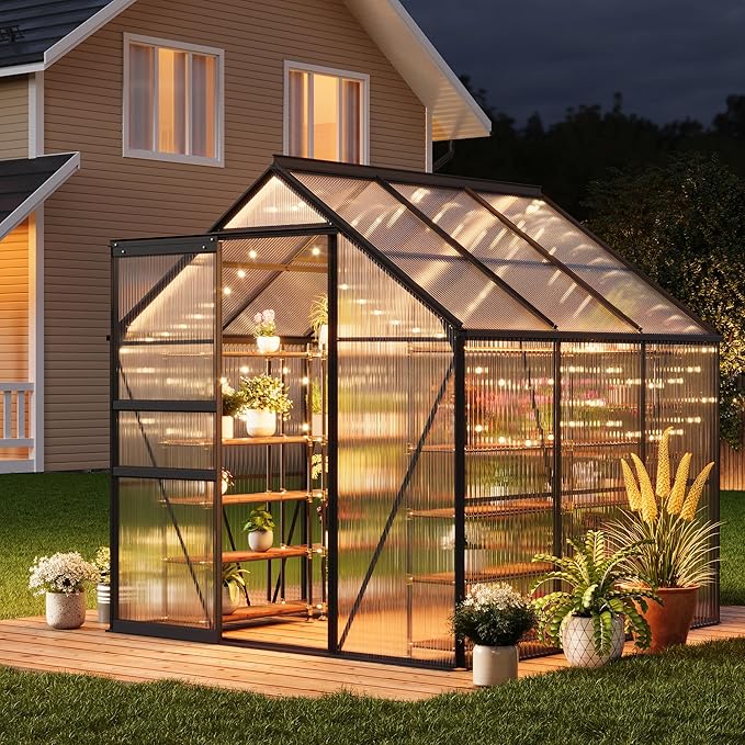 GarveeHome 6x6FT Greenhouse Large Walk-in Polycarbonate Greenhouse with Adjustable Vent Window Sliding Door Portable Green House Kit for Outdoors Winter
