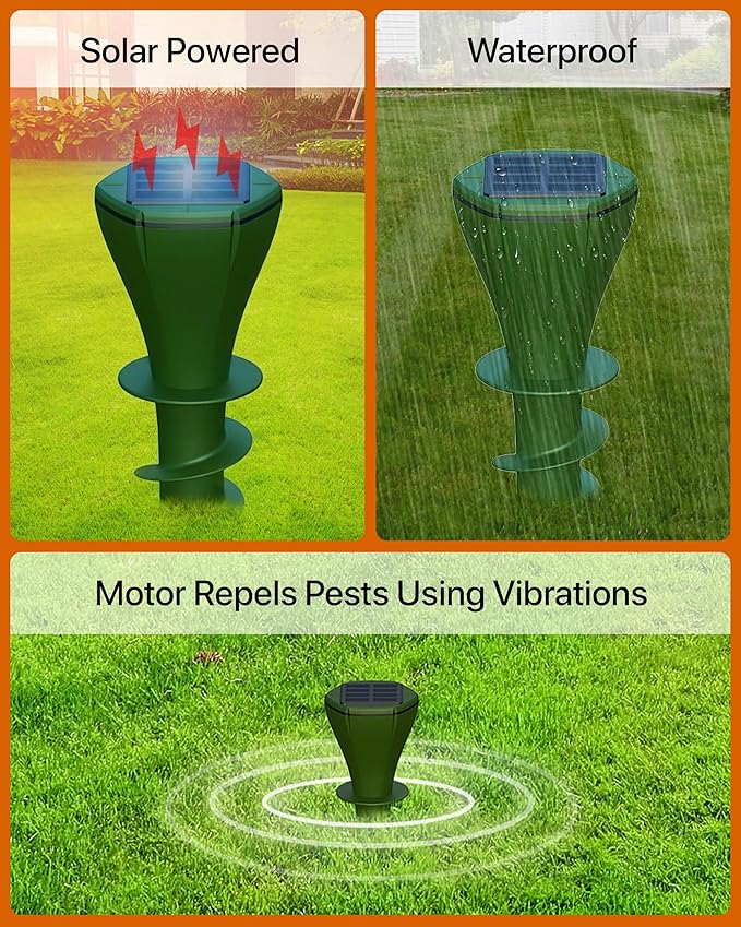 Solar Pest Repeller Stakes (4 Pack) – Outdoor Garden and Lawn Ground Stakes Rodent Deterrent for Moles Gophers Snakes and Burrowing Pests
