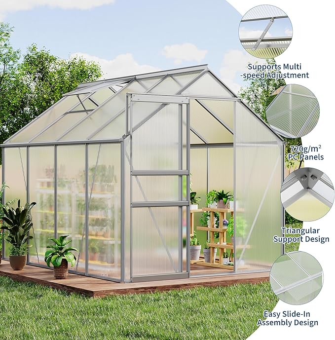 CABIHOME 6 x 6 FT Greenhouses for Outside Polycarbonate Greenhouse with Aluminum Frame Sliding Door Adjustable Roof Vent Backyard Green Houses Patio Garden Black (Silver 6x8 FT)
